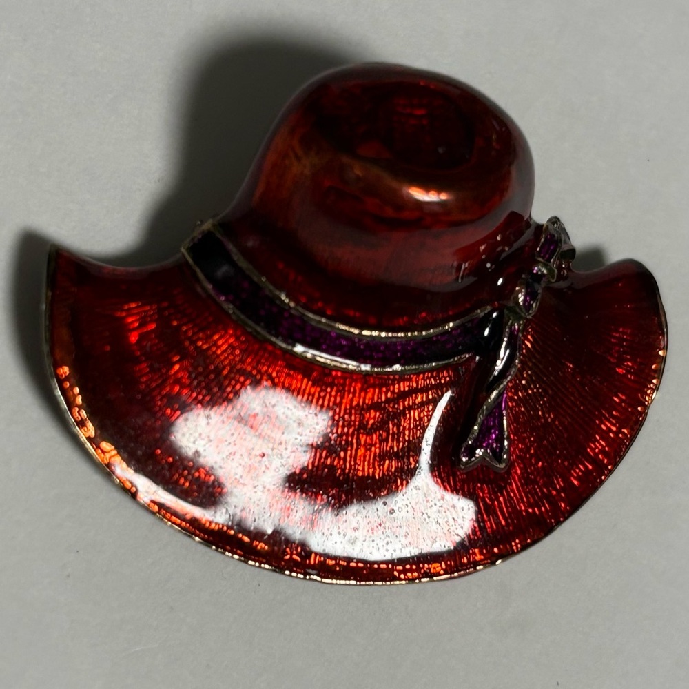 Gold tone Red and purple enamel Hat Brooch with Bow Accent
